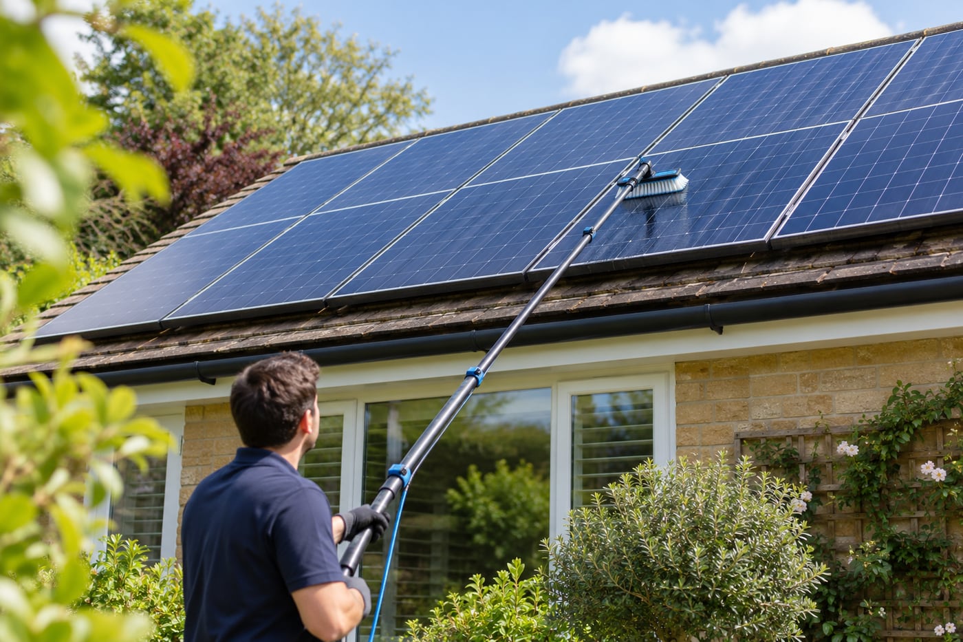 Illustrative image of solar panel cleaning at a British home